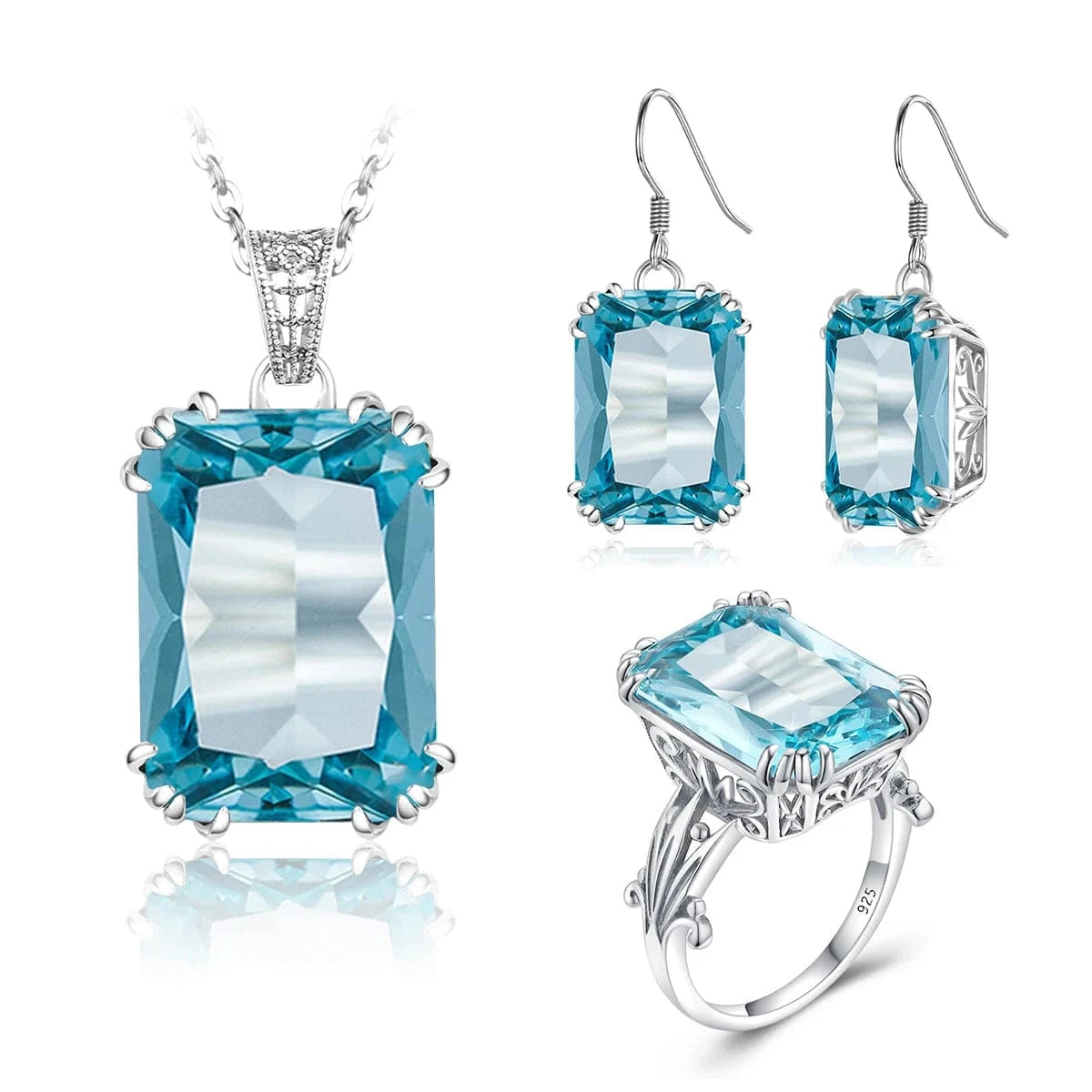Sapphire Blue Stone Zircon Crystal Sterling Silver Jewelry Sets for Women Retro Crown Ring Pendant Earring for Party Engagement