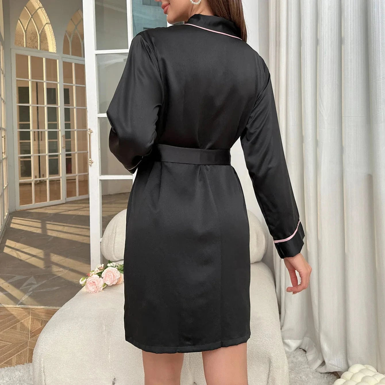 Satin Robe Valentines Lingerie for Women Kimono Bathrobe Short Ruffle Belted V Nec Robes Bridesmaids Sleepwear 2024