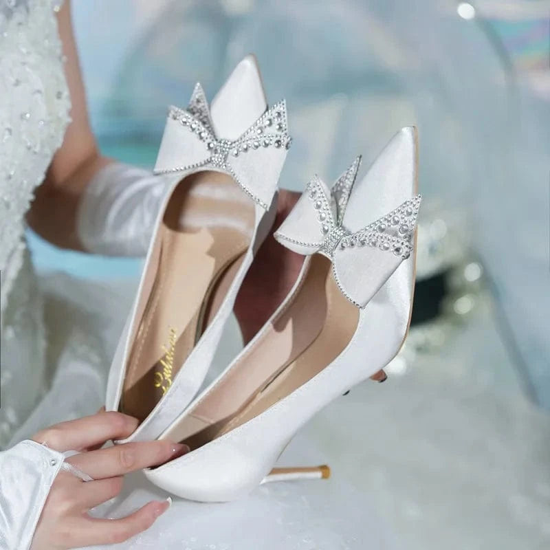 Satin White Wedding Shoes Women Tacones Mujer 2023 Pumps Pointed Toe Bow Formal Party Dress High Heels