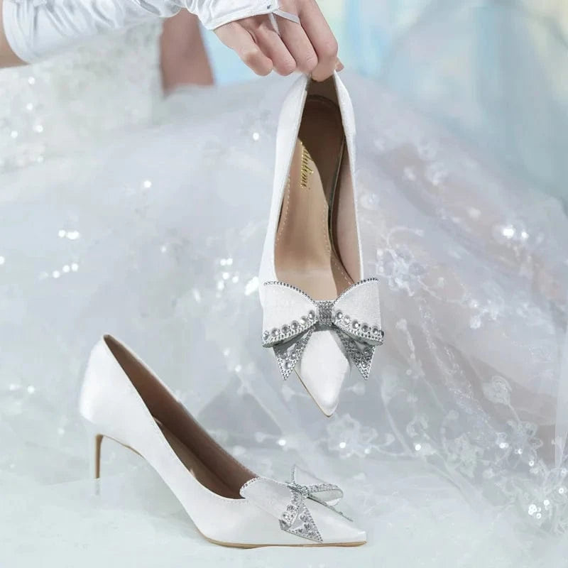Satin White Wedding Shoes Women Tacones Mujer 2023 Pumps Pointed Toe Bow Formal Party Dress High Heels