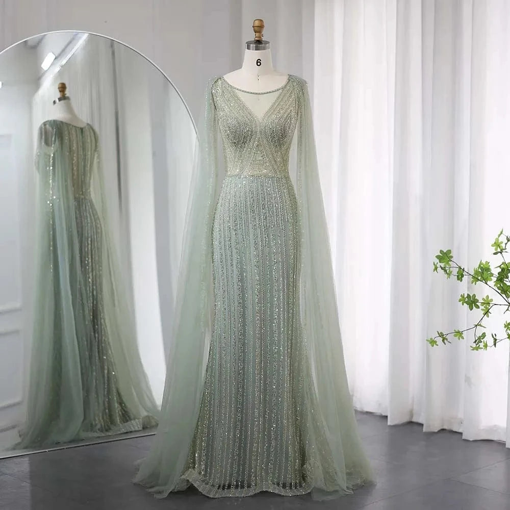 Saudi Aabira Sage Green Long Evening Dress With Cape Sleeves Luxury Plus Size Women Wedding Formal Party Gowns Sz086