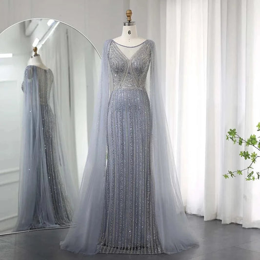 Saudi Aabira Sage Green Long Evening Dress With Cape Sleeves Luxury Plus Size Women Wedding Formal Party Gowns Sz086