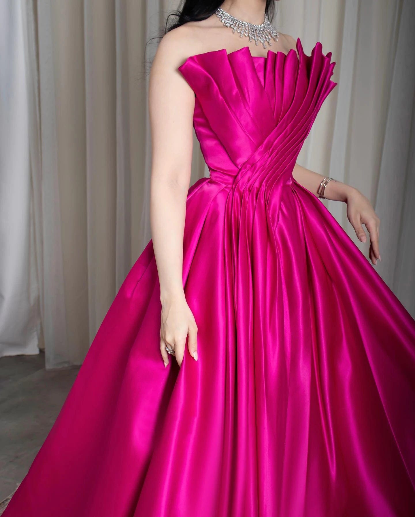 Saudi Arabia Fuchsia Satin Dubai Evening Dress For Women Wedding 2024 Elegant Scalloped Long Formal Party Gown Sf011