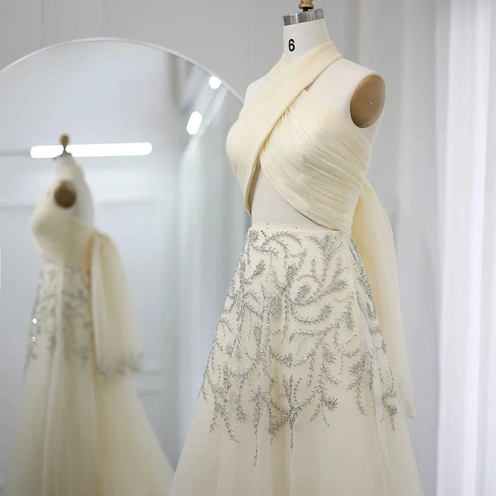 Saudi Arabic Halter Beige Dubai Evening Dress For Women Wedding Luxury Crystal Dubai Long Prom Party Dresses Sz444