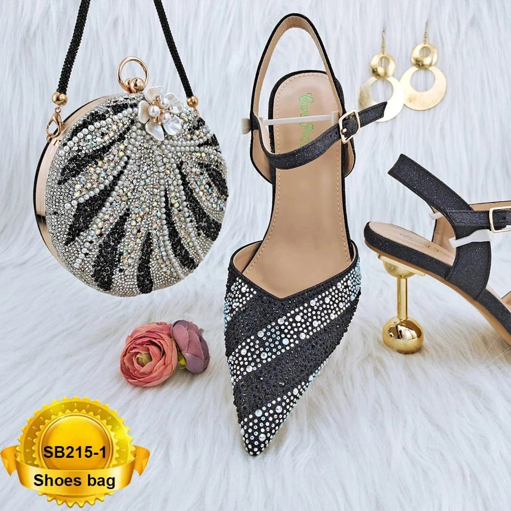 SB215 Pu Italian Shoes Matching Bag Set Beautiful Stones Shoes Bag Evening Bags