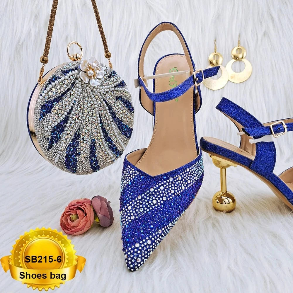 SB215 Pu Italian Shoes Matching Bag Set Beautiful Stones Shoes Bag Evening Bags
