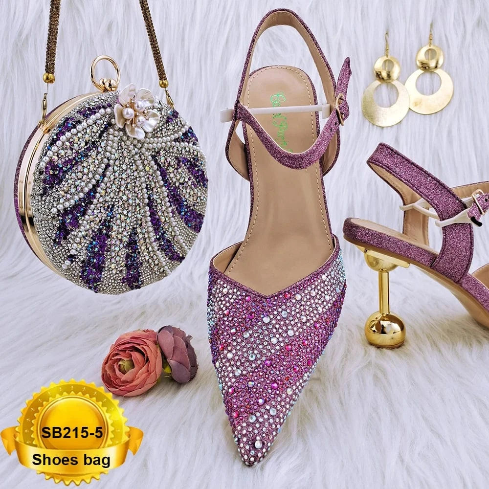 SB215 Pu Italian Shoes Matching Bag Set Beautiful Stones Shoes Bag Evening Bags