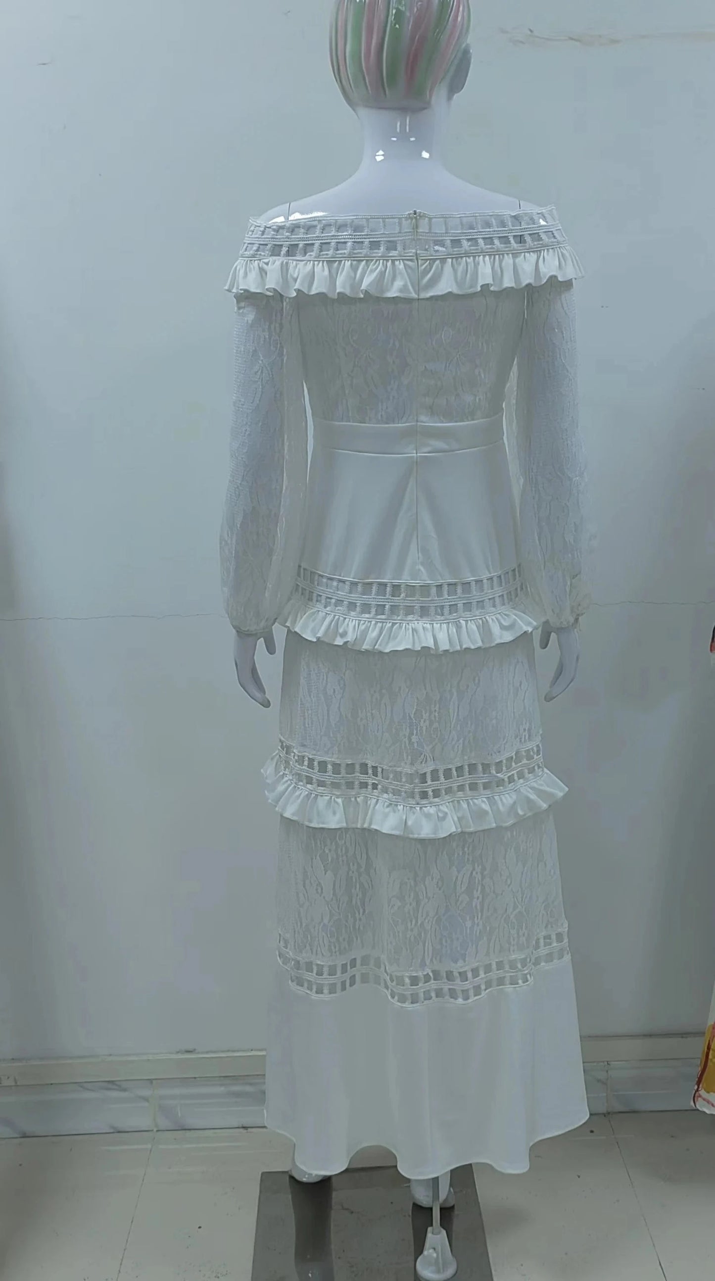 SC9017 Spring And Summer Women Off Shoulder Ruffle Lace Wedding Dress Banquet Party Dresses Women White Evening Dress