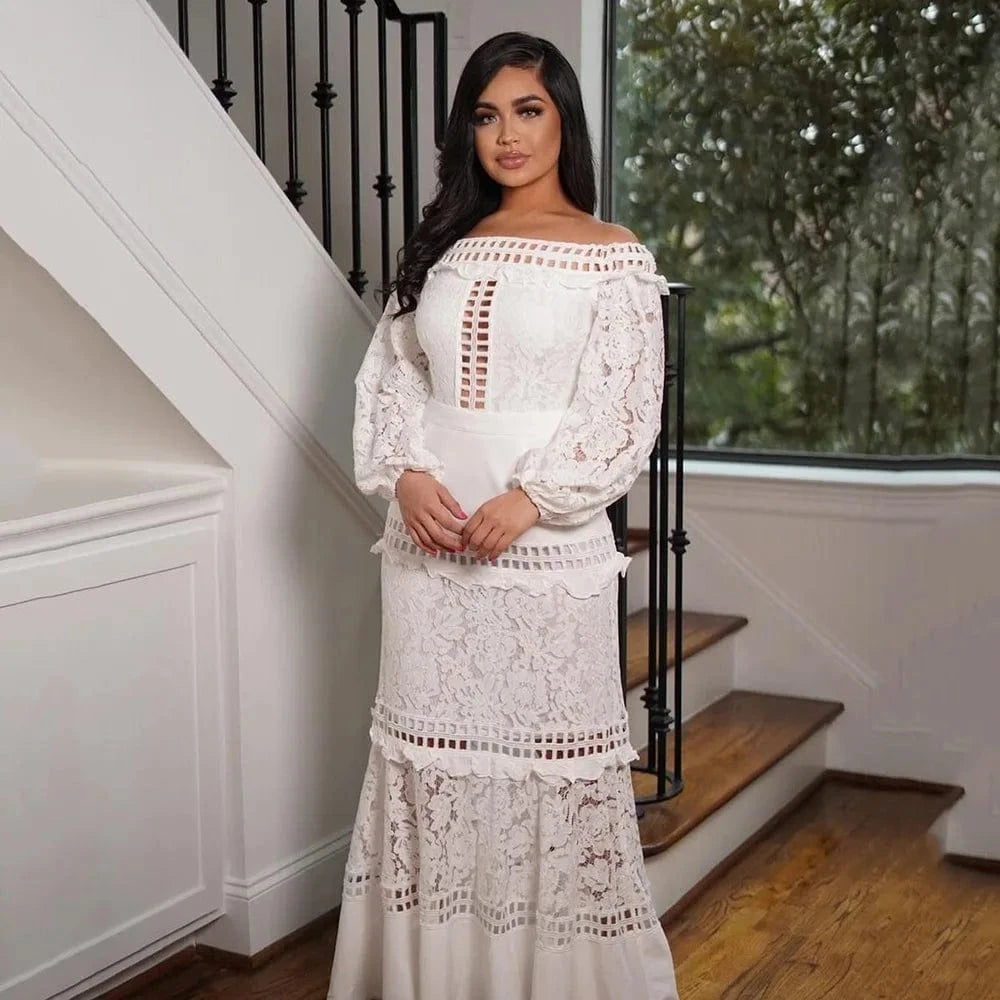 SC9017 Spring And Summer Women Off Shoulder Ruffle Lace Wedding Dress Banquet Party Dresses Women White Evening Dress