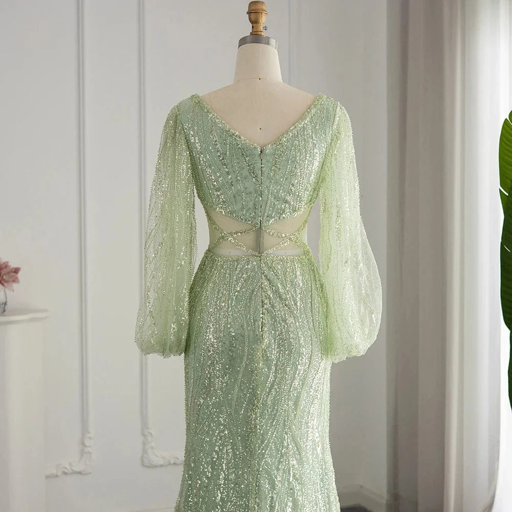 Scz027-2 Luxury Beaded Mermaid Mint Green Evening Dress 2023 Sexy V-Neck African Prom Party Dresses For Women Wedding