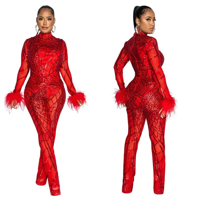 see through mesh rhinestone elegant fashion long bodysuits jumpsuit romper women 2024 new arrivals club outfit with feathers