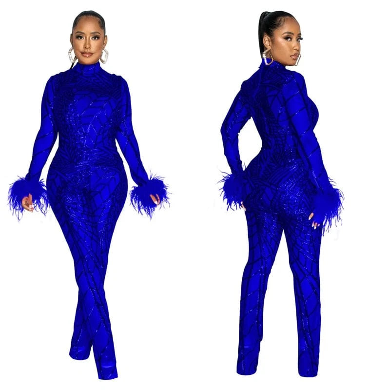 see through mesh rhinestone elegant fashion long bodysuits jumpsuit romper women 2024 new arrivals club outfit with feathers