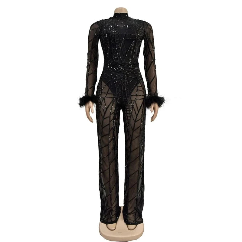 see through mesh rhinestone elegant fashion long bodysuits jumpsuit romper women 2024 new arrivals club outfit with feathers