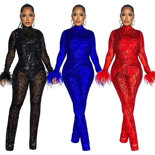 see through mesh rhinestone elegant fashion long bodysuits jumpsuit romper women 2024 new arrivals club outfit with feathers