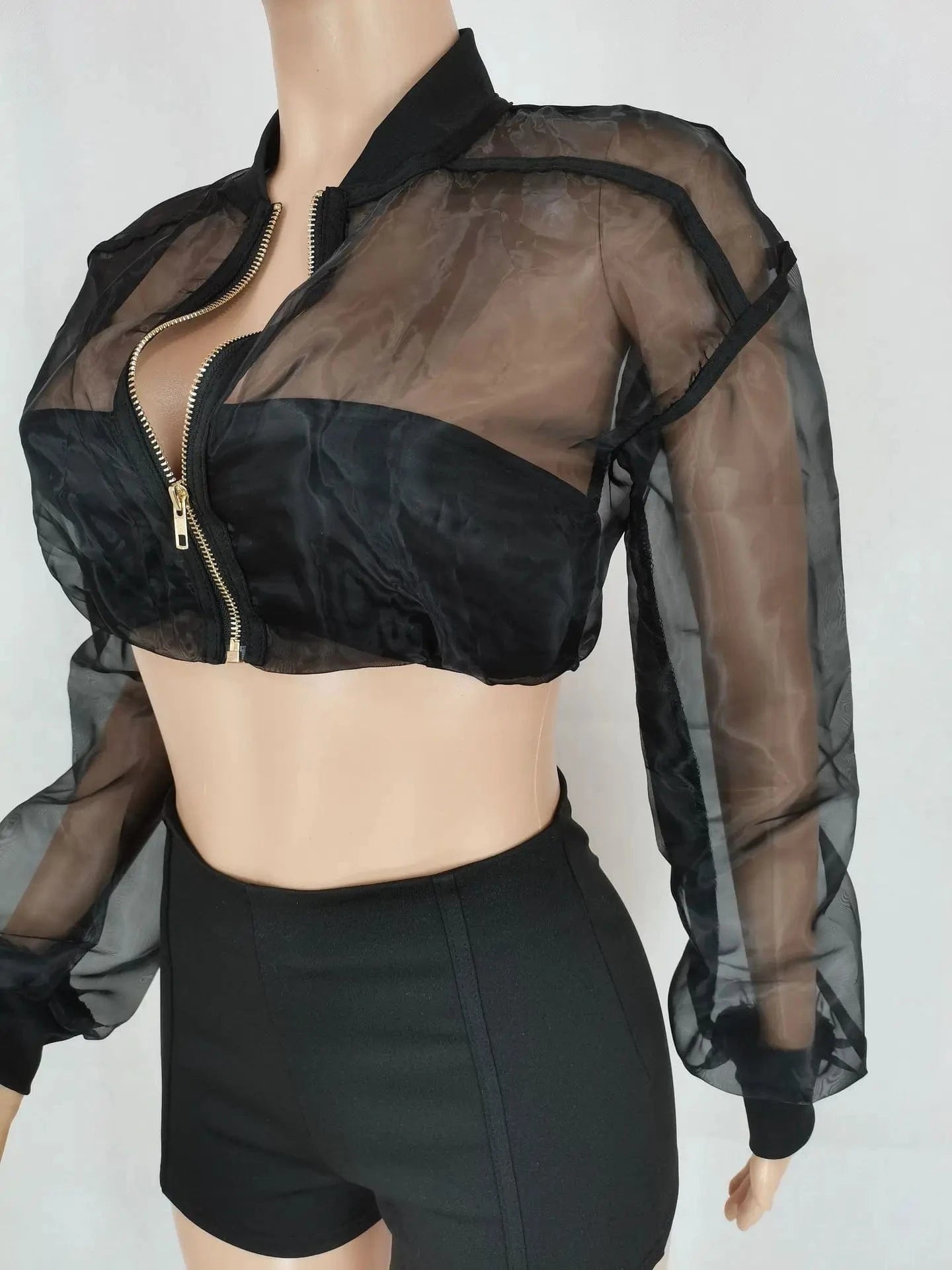 See Through Mesh Top Shorts Tracksuit Set 2 Piece Crop Top and Shorts Women Sets Long Sleeve Shorts Set Street for Girls