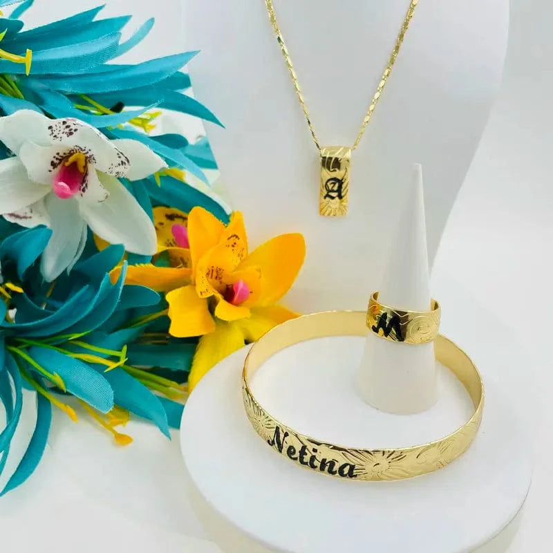 set / 10 / Gold JX242 Customize name ring initial vertical necklace bracelet set Hawaiian Samoa jewelry wholesale personalized birthday gift