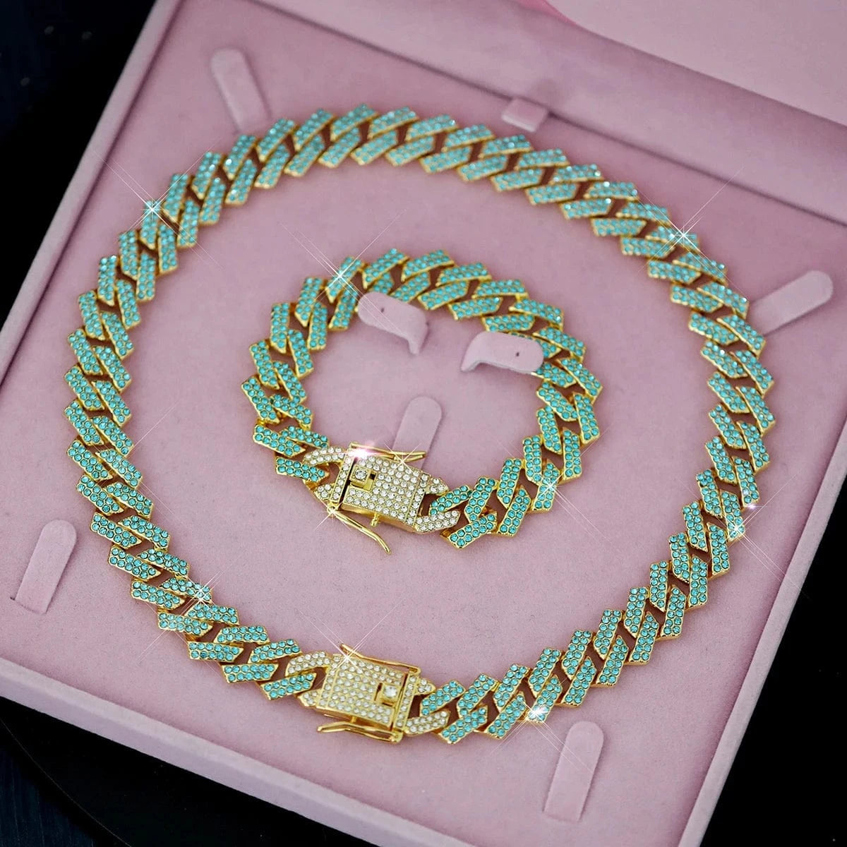 SET 8+18in / Gold Blue Hip Hop Colorful Rhinestone Cuban Necklace+Bracelet Jewelry Set Iced Out Shiny Chain link Trendy Choker Jewelry For Women Men