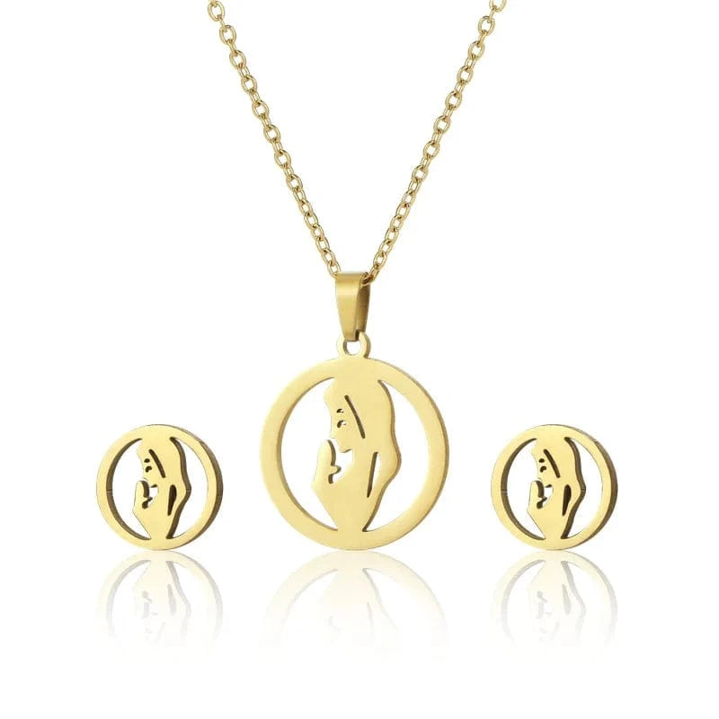 Set / C1 Stainless Steel Gold Color I Love MAMA Necklace Earrings Set Love Heart Mom Daughter Son Figure Jewelry Set Mother's Day Gift