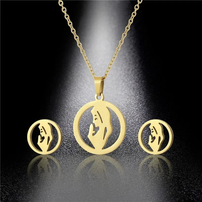 Set / C1 Stainless Steel Gold Color I Love MAMA Necklace Earrings Set Love Heart Mom Daughter Son Figure Jewelry Set Mother's Day Gift