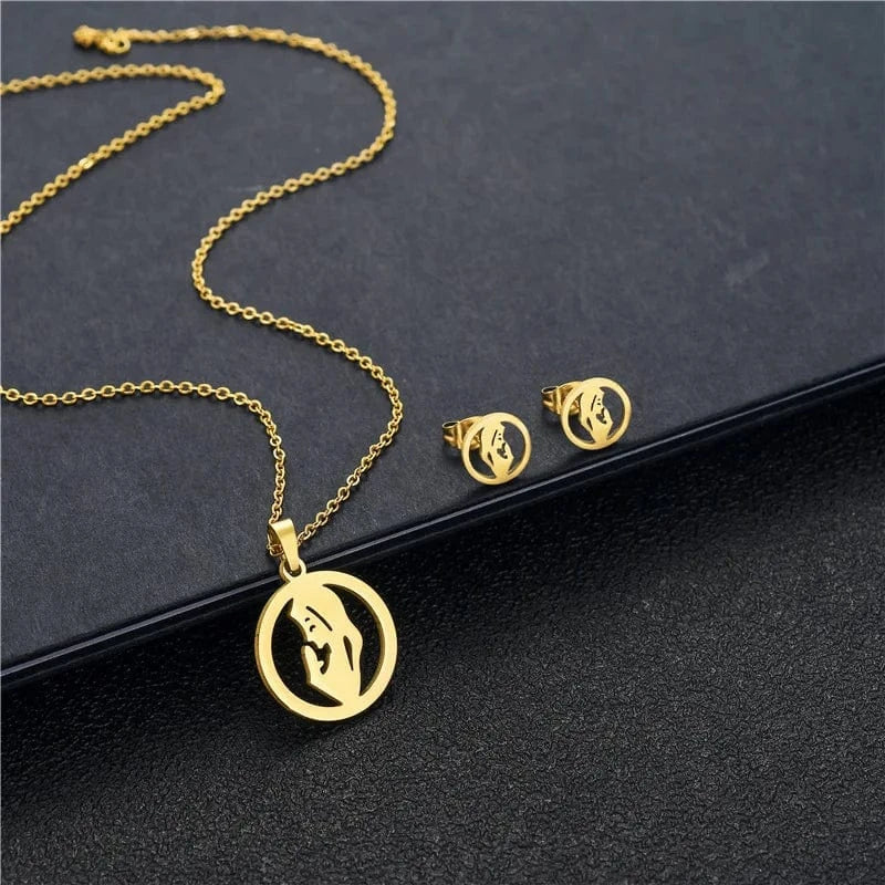 Set / C1 Stainless Steel Gold Color I Love MAMA Necklace Earrings Set Love Heart Mom Daughter Son Figure Jewelry Set Mother's Day Gift