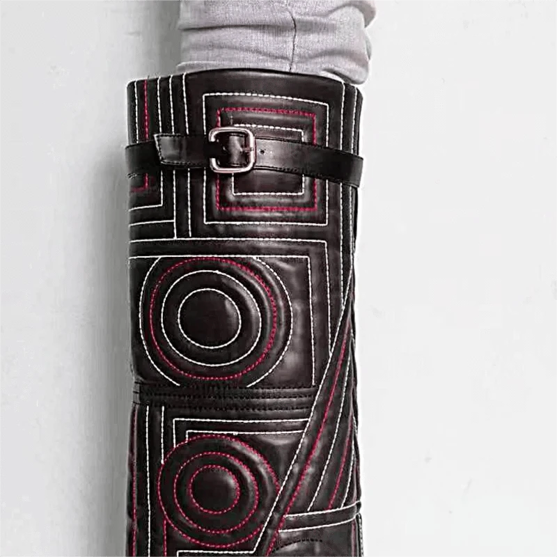 Sewing Embroidery Overlay Long Booties Women Slip On Knee High Boots Round Toe Pants Shoes Chunky Heels Unique Design