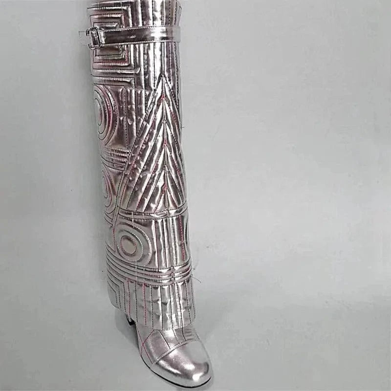 Sewing Embroidery Overlay Long Booties Women Slip On Knee High Boots Round Toe Pants Shoes Chunky Heels Unique Design