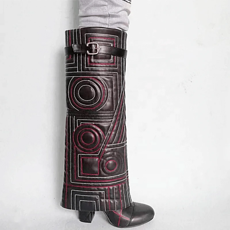 Sewing Embroidery Overlay Long Booties Women Slip On Knee High Boots Round Toe Pants Shoes Chunky Heels Unique Design