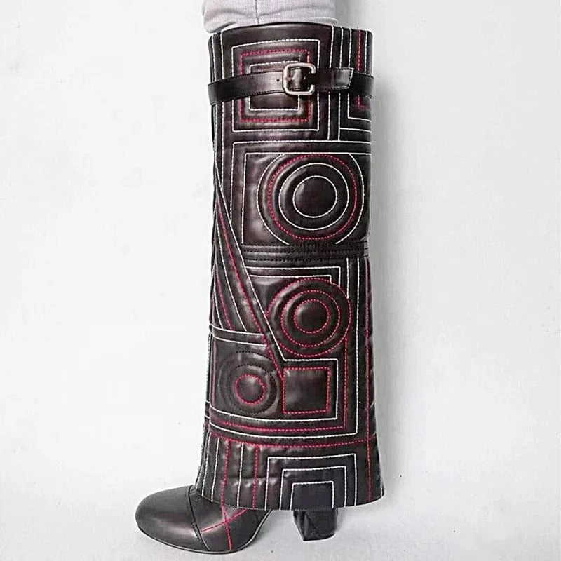 Sewing Embroidery Overlay Long Booties Women Slip On Knee High Boots Round Toe Pants Shoes Chunky Heels Unique Design