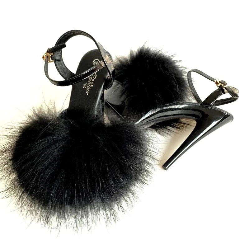 Sexy 15cm Super High Heel Pur Sandals Women Platform Shoes Fluffy Real Fur Thin High Heel Pumps Girls Party Wedding Pole Shoes
