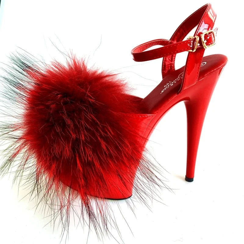 Sexy 15cm Super High Heel Pur Sandals Women Platform Shoes Fluffy Real Fur Thin High Heel Pumps Girls Party Wedding Pole Shoes