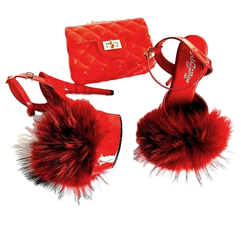 Sexy 15cm Super High Heel Pur Sandals Women Platform Shoes Fluffy Real Fur Thin High Heel Pumps Girls Party Wedding Pole Shoes