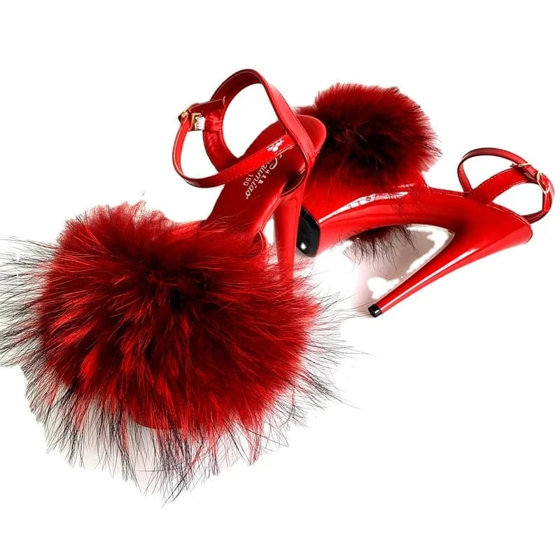 Sexy 15cm Super High Heel Pur Sandals Women Platform Shoes Fluffy Real Fur Thin High Heel Pumps Girls Party Wedding Pole Shoes