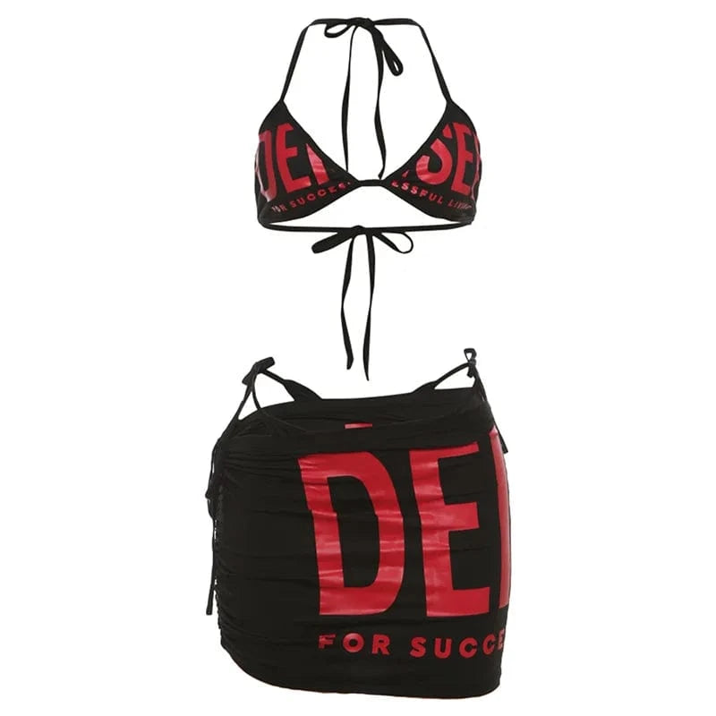 Sexy 3 Pcs Ladies Vacation BeachWear Bra Tops Briefs And Wrap Skirt Swimwear Outfit Summer Three Piece Print Lace Up Women's Set