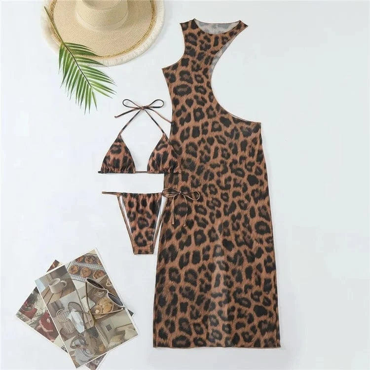Sexy 3 Pieces Bikini Set 2024 Women Cut Out Side Cover Up Dress Leopard Swimsuit Lace Up Triangle Swimwear Female Swimming Suit