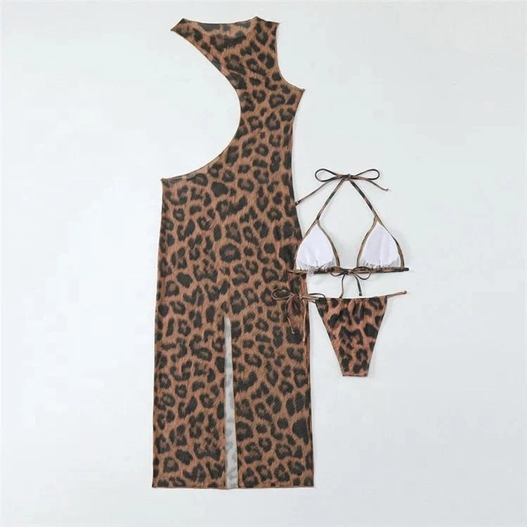 Sexy 3 Pieces Bikini Set 2024 Women Cut Out Side Cover Up Dress Leopard Swimsuit Lace Up Triangle Swimwear Female Swimming Suit