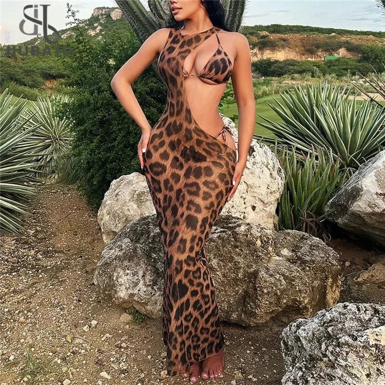 Sexy 3 Pieces Bikini Set 2024 Women Cut Out Side Cover Up Dress Leopard Swimsuit Lace Up Triangle Swimwear Female Swimming Suit