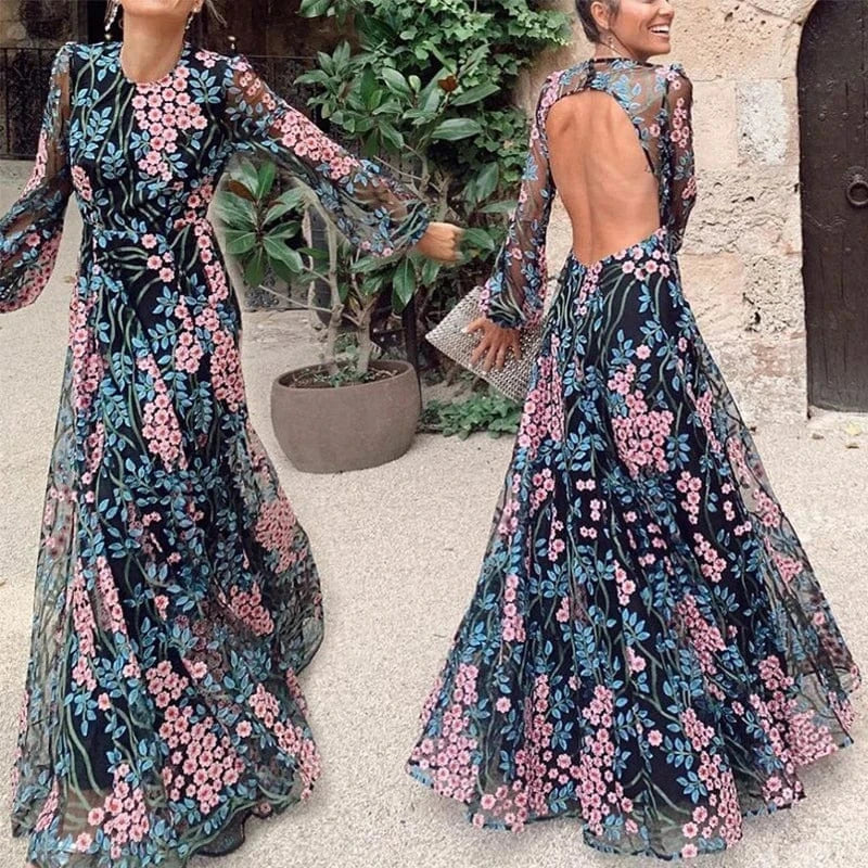 Sexy Backless Bohemian Evening Dress Spring Mesh Long Sleeve Party Dresses Vintage Chic Women O Neck Floral Print Dress Vestidos