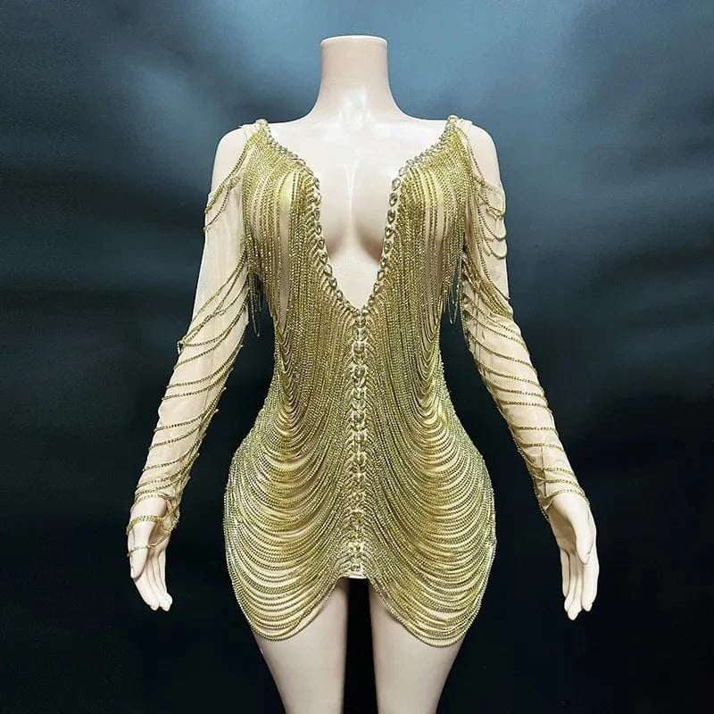 Sexy Beaded Tassel Chain Short Mesh Dress Sexy Women Club Black Crystal Stone Design Wedding Apparel dress