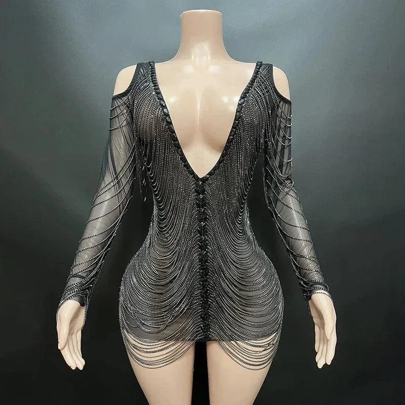 Sexy Beaded Tassel Chain Short Mesh Dress Sexy Women Club Black Crystal Stone Design Wedding Apparel dress