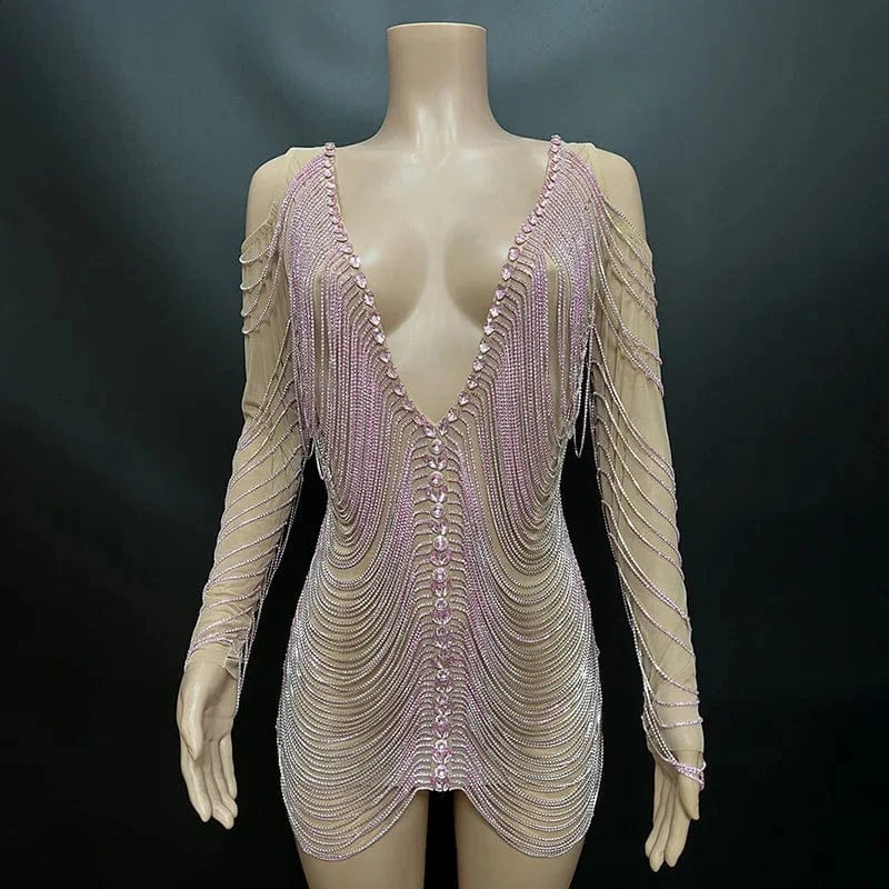 Sexy Beaded Tassel Chain Short Mesh Dress Sexy Women Club Black Crystal Stone Design Wedding Apparel dress