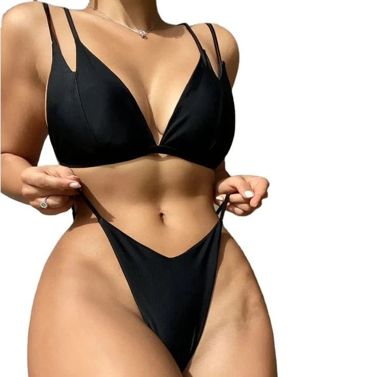 Sexy Bikini Micro Thongs Women Swimsuits High Cut Swimwear Black Biquini Bathing Suit 2024 New Double Straps Beachwear