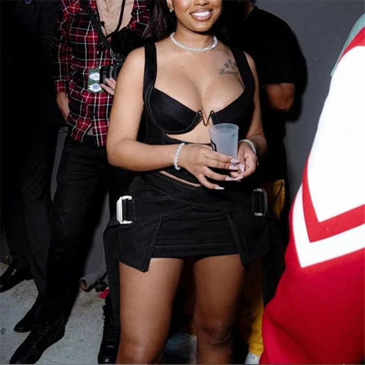 Sexy Black Bodycon 2 Two Piece Skirt Sets Night Club Outfits For Women 2024 Spring Hollow Out Tank Tops Mini Skirt Sets