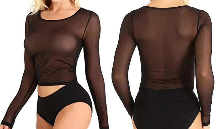 Sexy Black Punk Club Streetwear Women T Shirt See Through Transparent Mesh Tops Long Sleeve Sheer Slim Ladies Turtleneck T-Shirt