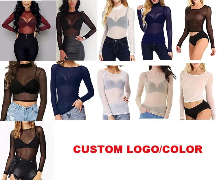 Sexy Black Punk Club Streetwear Women T Shirt See Through Transparent Mesh Tops Long Sleeve Sheer Slim Ladies Turtleneck T-Shirt