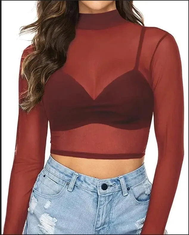 Sexy Black Punk Club Streetwear Women T Shirt See Through Transparent Mesh Tops Long Sleeve Sheer Slim Ladies Turtleneck T-Shirt