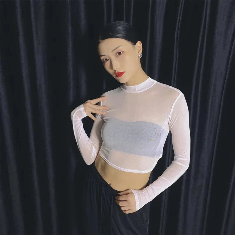 Sexy Black Punk Club Streetwear Women T Shirt See Through Transparent Mesh Tops Long Sleeve Sheer Slim Ladies Turtleneck T-Shirt