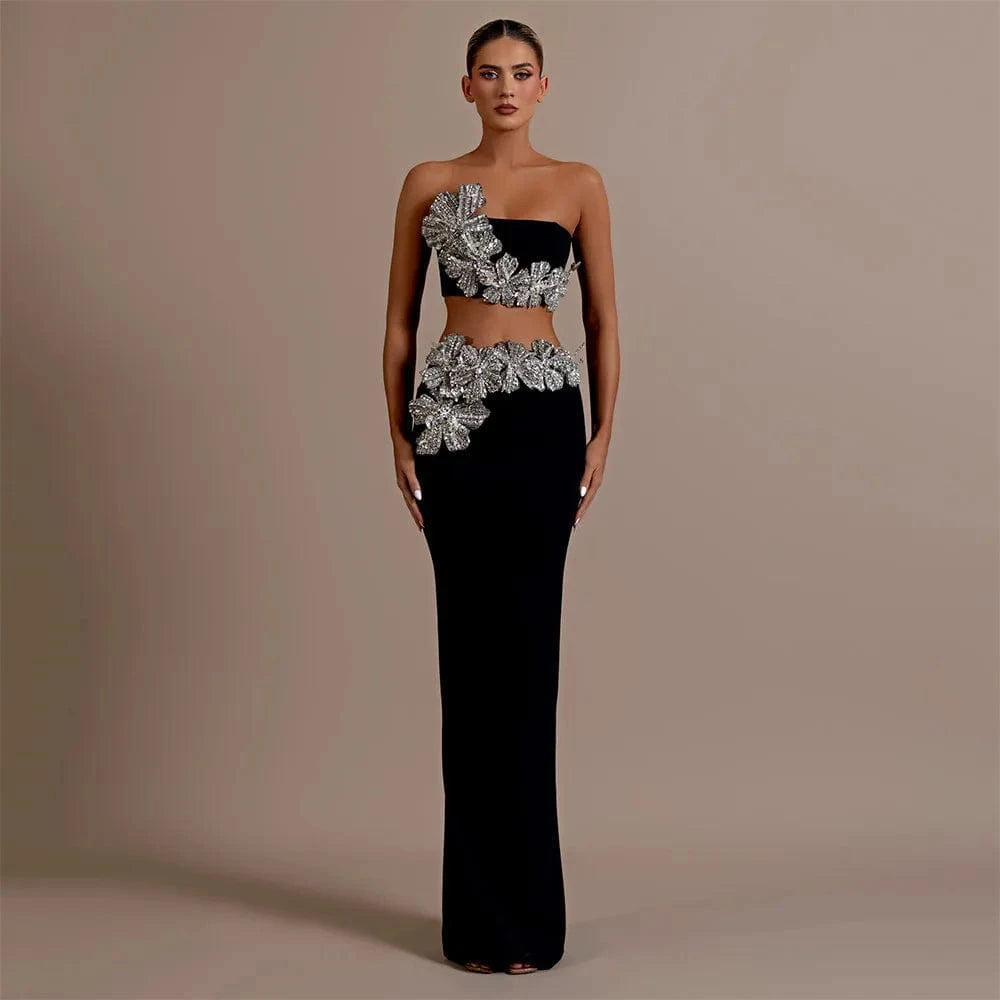 Sexy Black / S / CHINA Elegant Women's Black Strapless Crop Top Rhinestone Floral Skirt Two-piece Gown Ideal for Party Fashionable Glamorous Choice