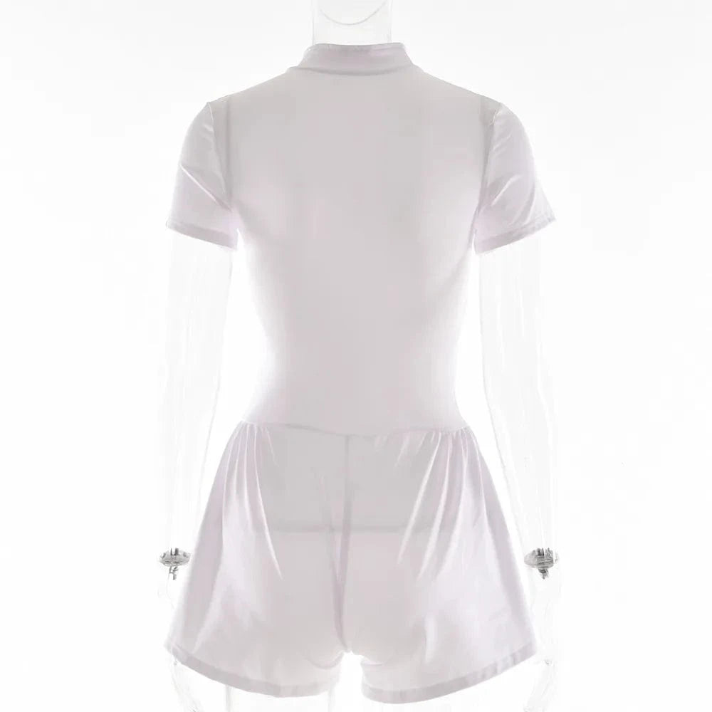 Sexy Bodycon Playsuit Women Jumpsuit O Neck Short Sleeve Zipper Bodysuit Female Elegant Slim Playsuits Rompers Sport Clothes
