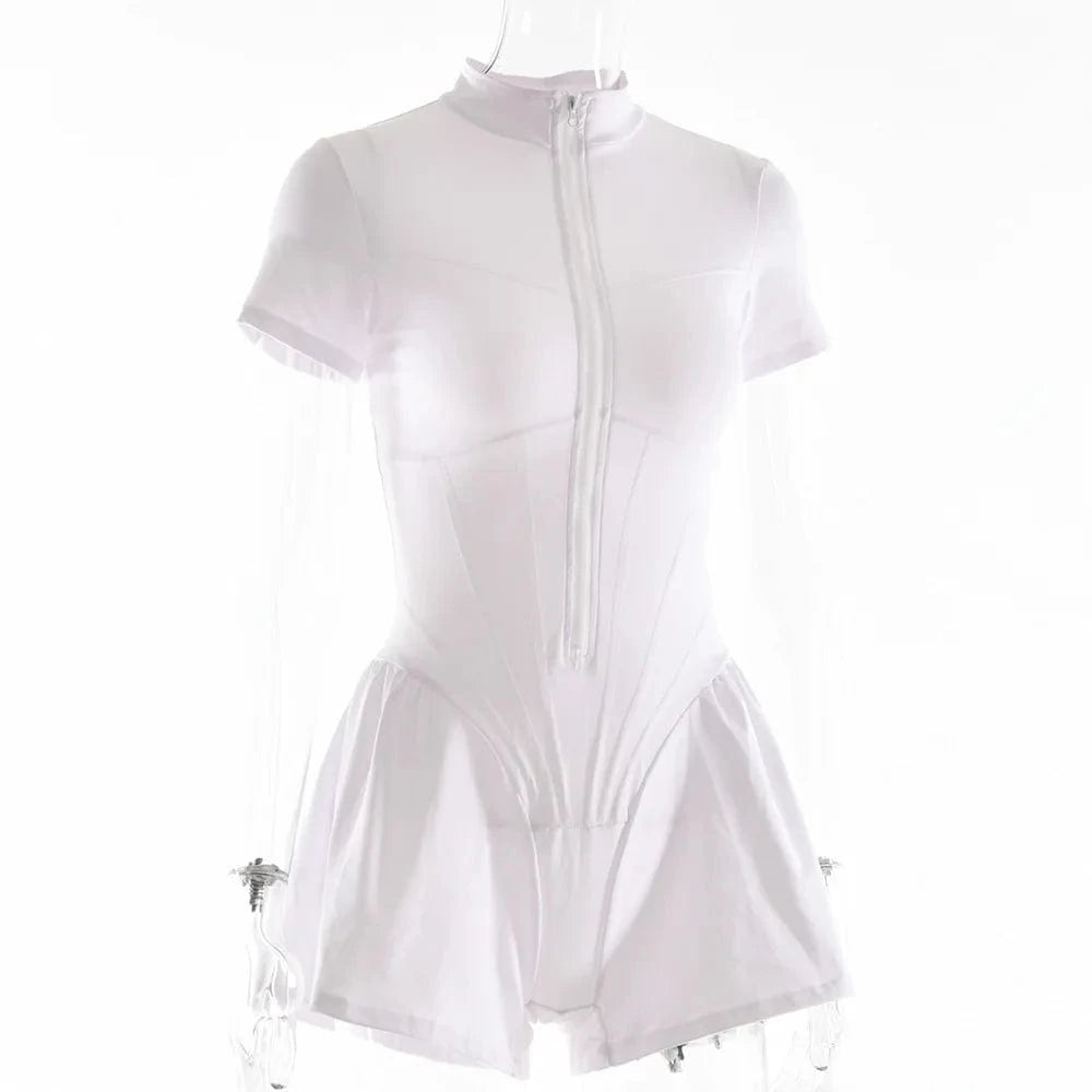 Sexy Bodycon Playsuit Women Jumpsuit O Neck Short Sleeve Zipper Bodysuit Female Elegant Slim Playsuits Rompers Sport Clothes
