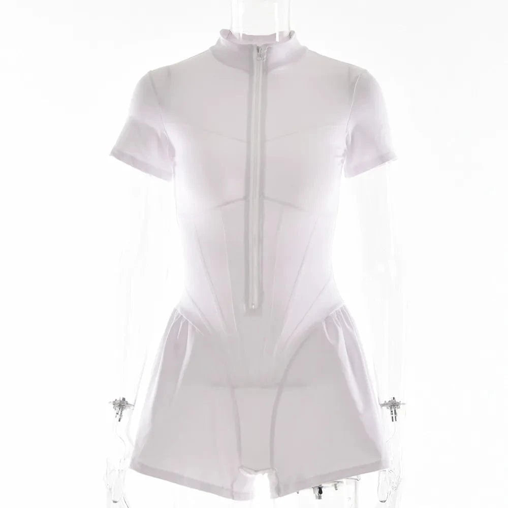 Sexy Bodycon Playsuit Women Jumpsuit O Neck Short Sleeve Zipper Bodysuit Female Elegant Slim Playsuits Rompers Sport Clothes